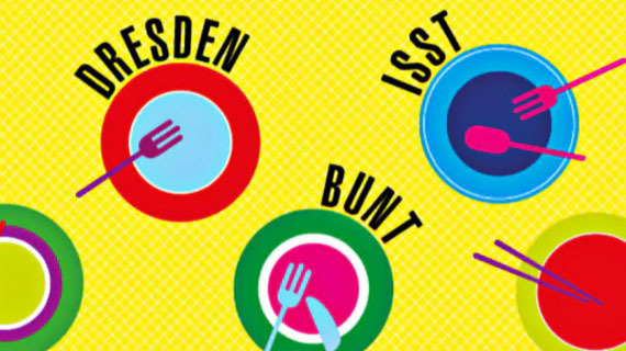 Yellow graphic with circles Dresden eats colorful