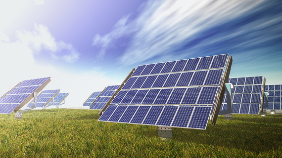 Solarpanele auf einer Wiese mit blauem Himmel